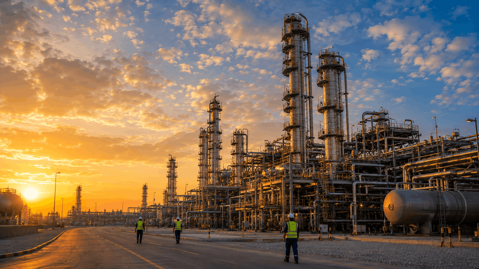 ADNOC oil and gas industrial facility in Abu Dhabi, UAE at sunset