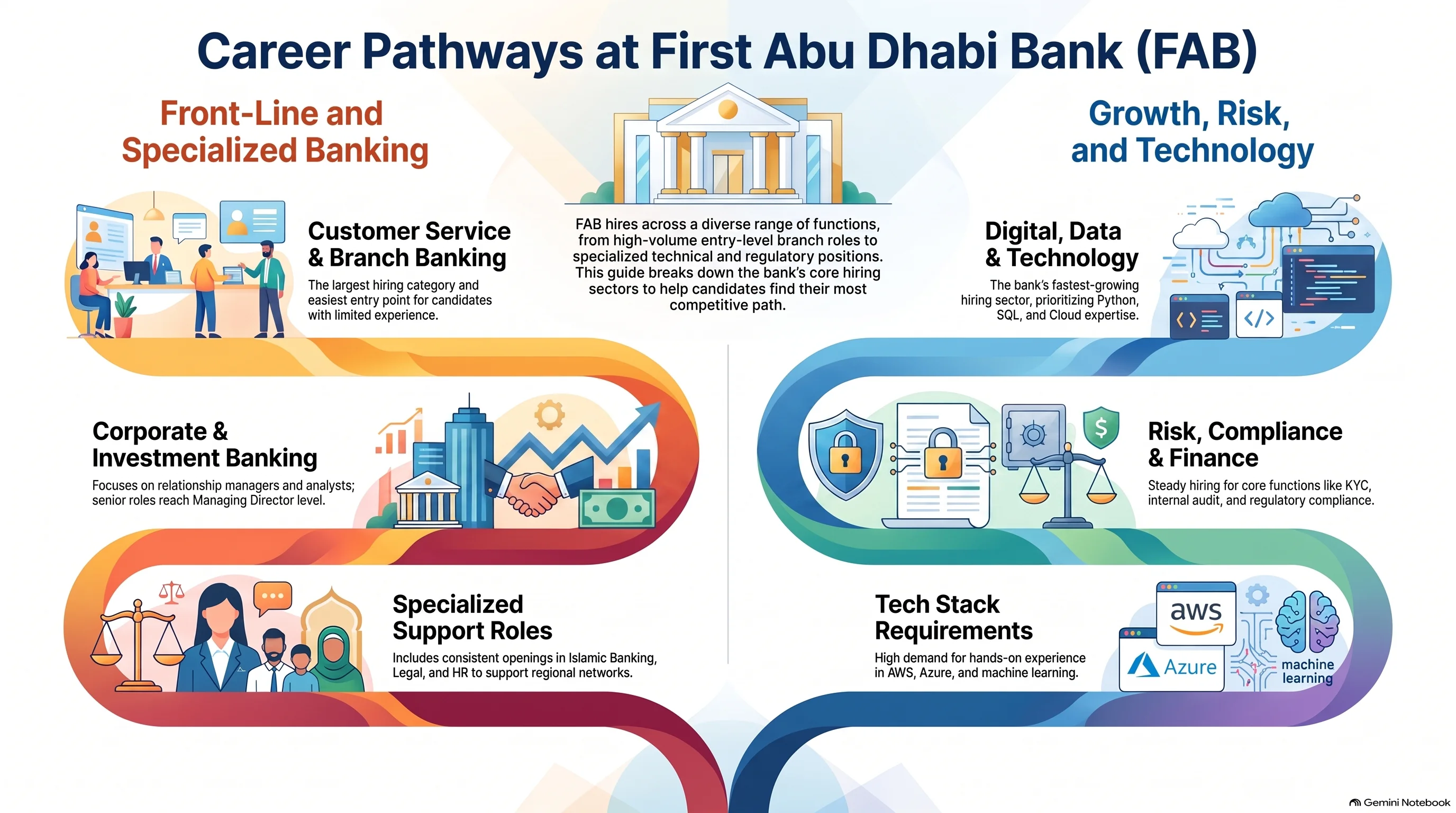 Banking career pathway infographic showing the progression from customer service, branch roles, specialist banking, to senior leadership in FAB careers